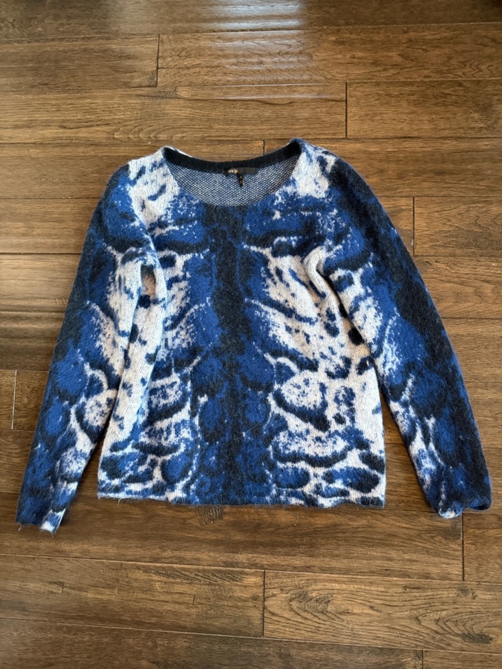 Maje Blue, White & Black Patterned Fuzzy Sweater